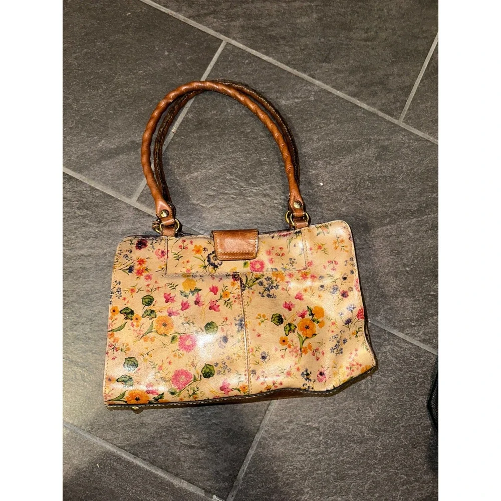 Patricia Nash Floral Leather‎ Satchel Handbag Tan Multi Tassel Braided Handle